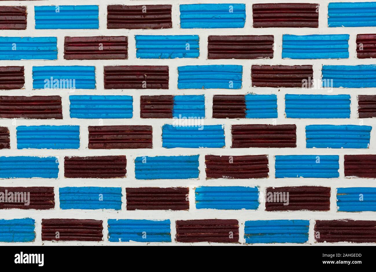 Brown and blue brick wall pattern texture background of a remodel bar shack Stock Photo