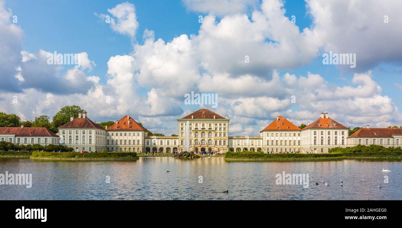 Panoramic view of the ancient Nymphenburg Palace. The construction of the palace started in 1664. Romantic and beautiful panorama. Stock Photo