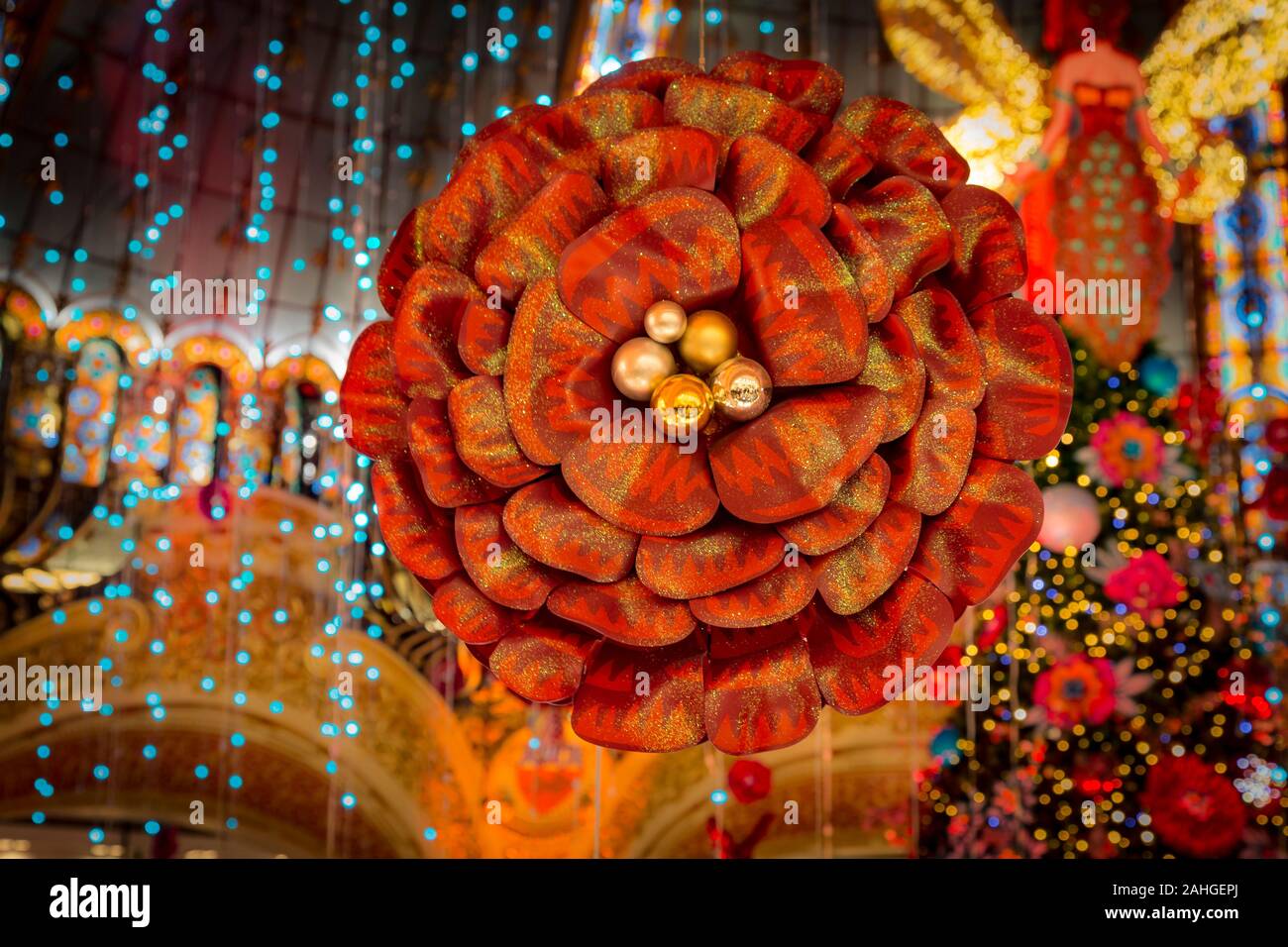 Galleries Lafayette Christmas and new year decorations December 2019 Paris: bees, flowers, mouses. Very colorful Stock Photo