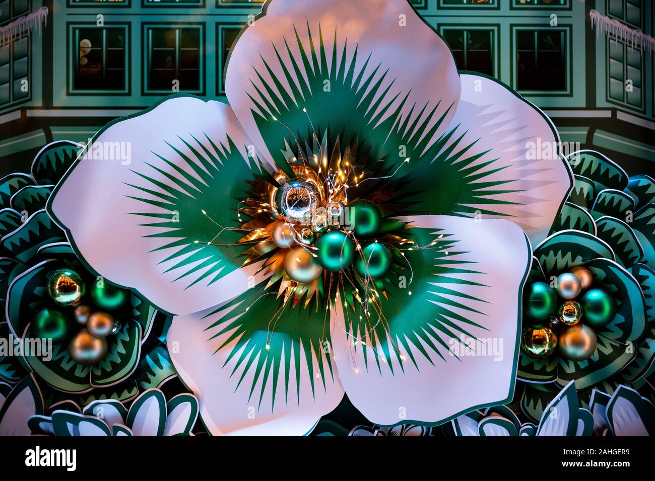 Galleries Lafayette Christmas and new year decorations December 2019 Paris: bees, flowers, mouses. Very colorful Stock Photo