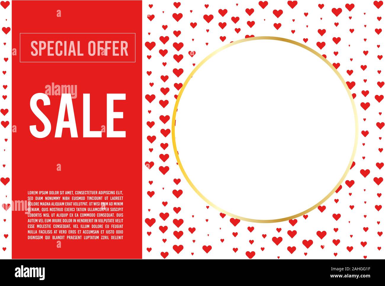 3d vector saint valentine s day golden round frame on colourful background with vector hearts. Concept sale special offer Stock Vector