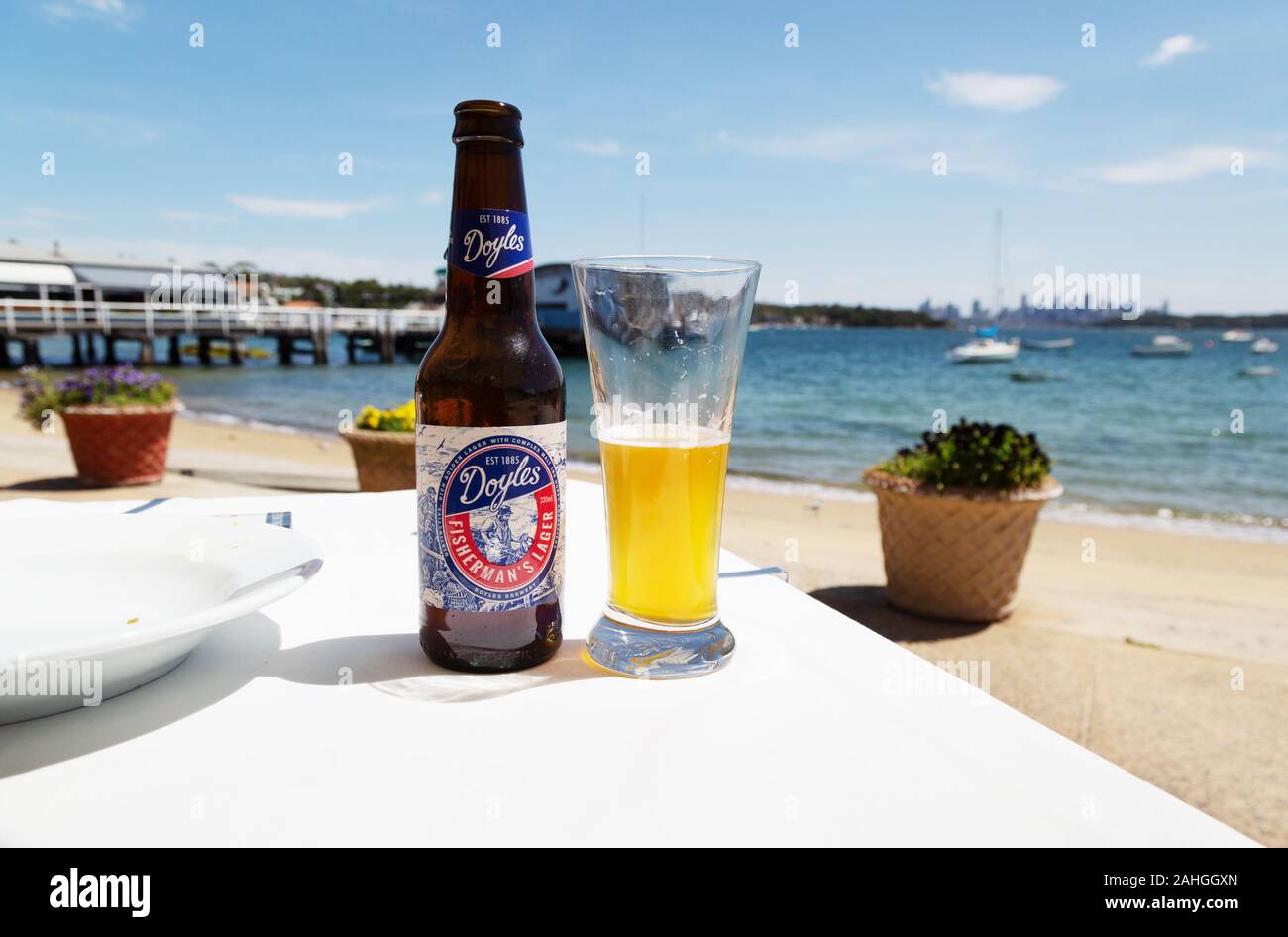 Australia beer; Doyles Fishermans lager, Doyles on the Beach restaurant, Watsons Bay Sydney Australia Stock Photo