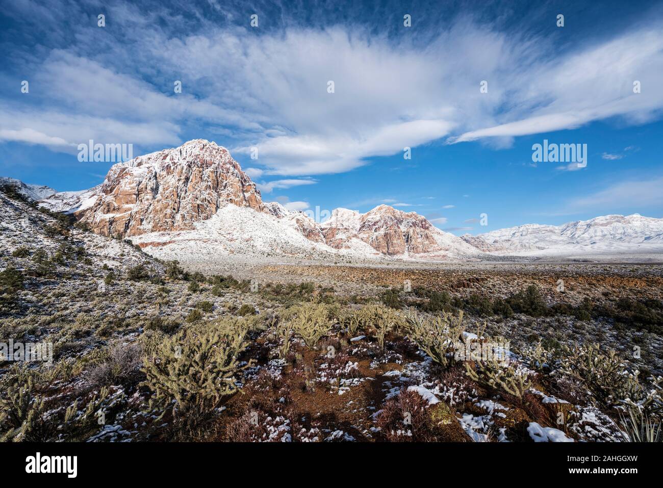 Winter snow on sandstone desert peaks at Red Rock Canyon National Conservation Area.  A popular natural area 20 miles from Las Vegas, Nevada. Stock Photo