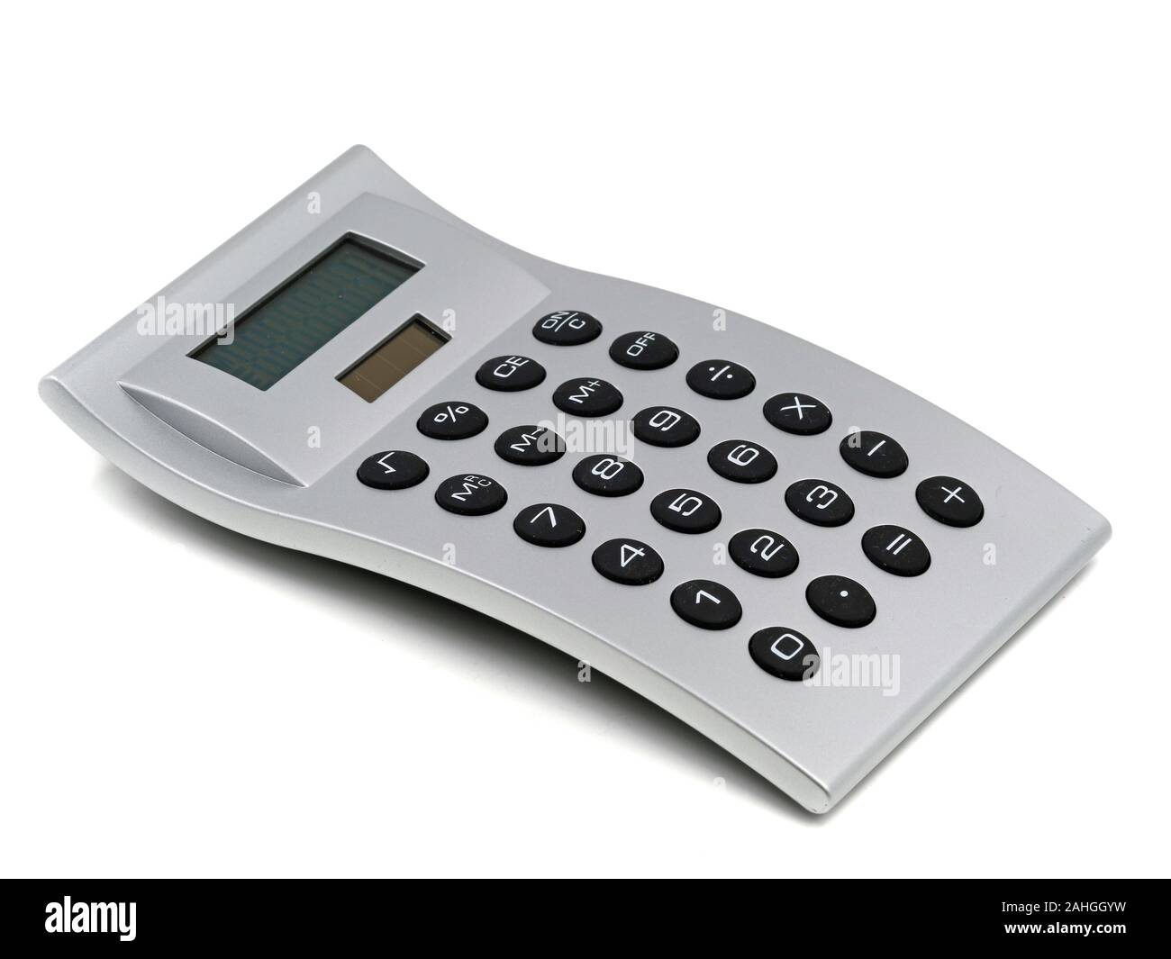 silver calculator with black buttons isolated on white background Stock Photo