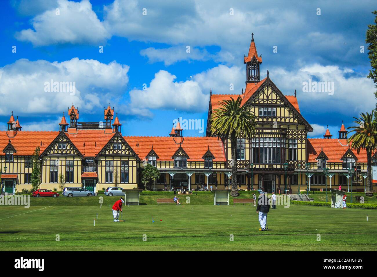 Rotorua, New Zealand - October 30th 2016: view of the Rotorua Museum, previously the Bath House, from the Government Gardens Stock Photo