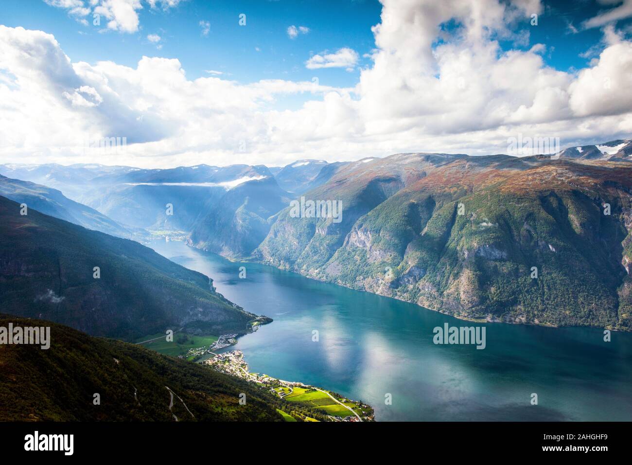 Beautiful mountain landscape in Aurland and Aurlandsfjord in the sunlight , Sogn og Fjordane, Norway. Stock Photo