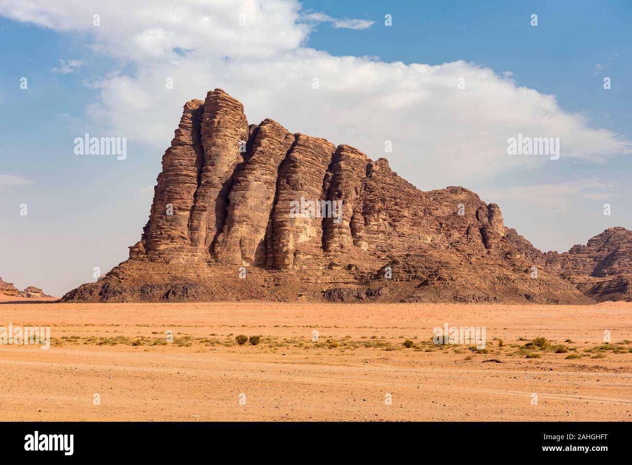 Seven Pillars of Wisdom rock formation, Wadi Rum Desert, Jordan Stock Photo