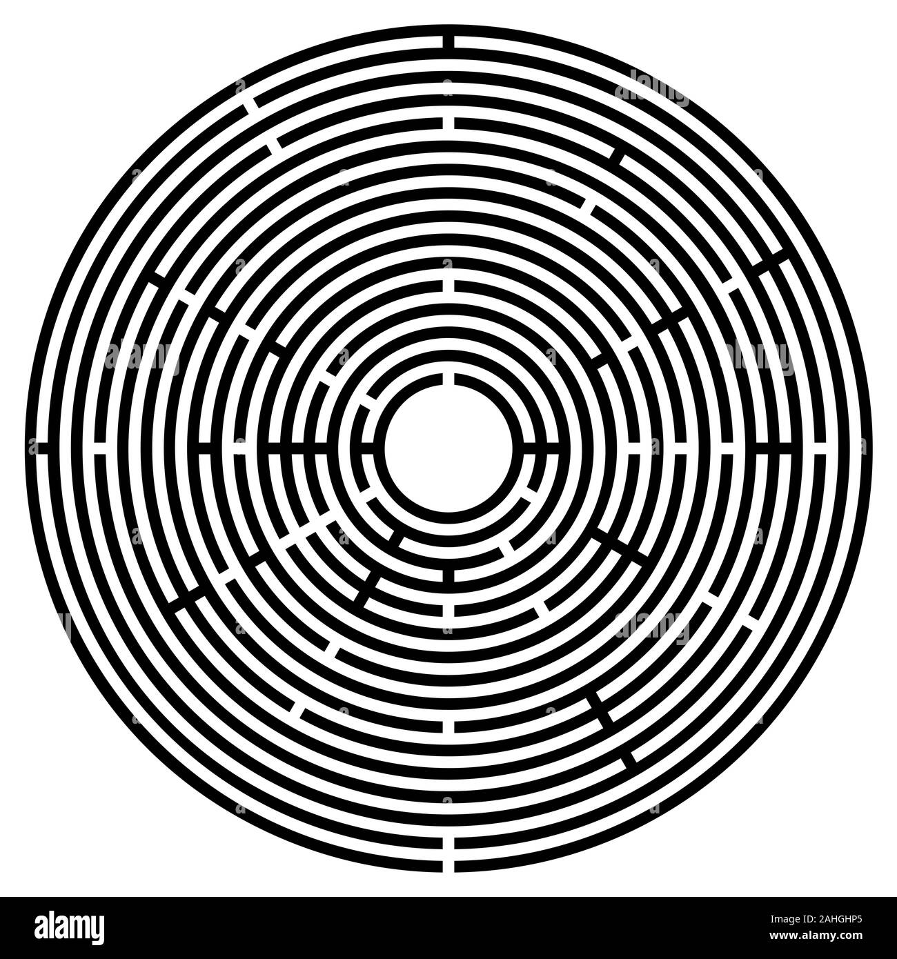 Big black circular maze. Radial labyrinth. Find a route to the centre. Print out and follow the path by a pencil or fingertip. Collection of paths. Stock Photo