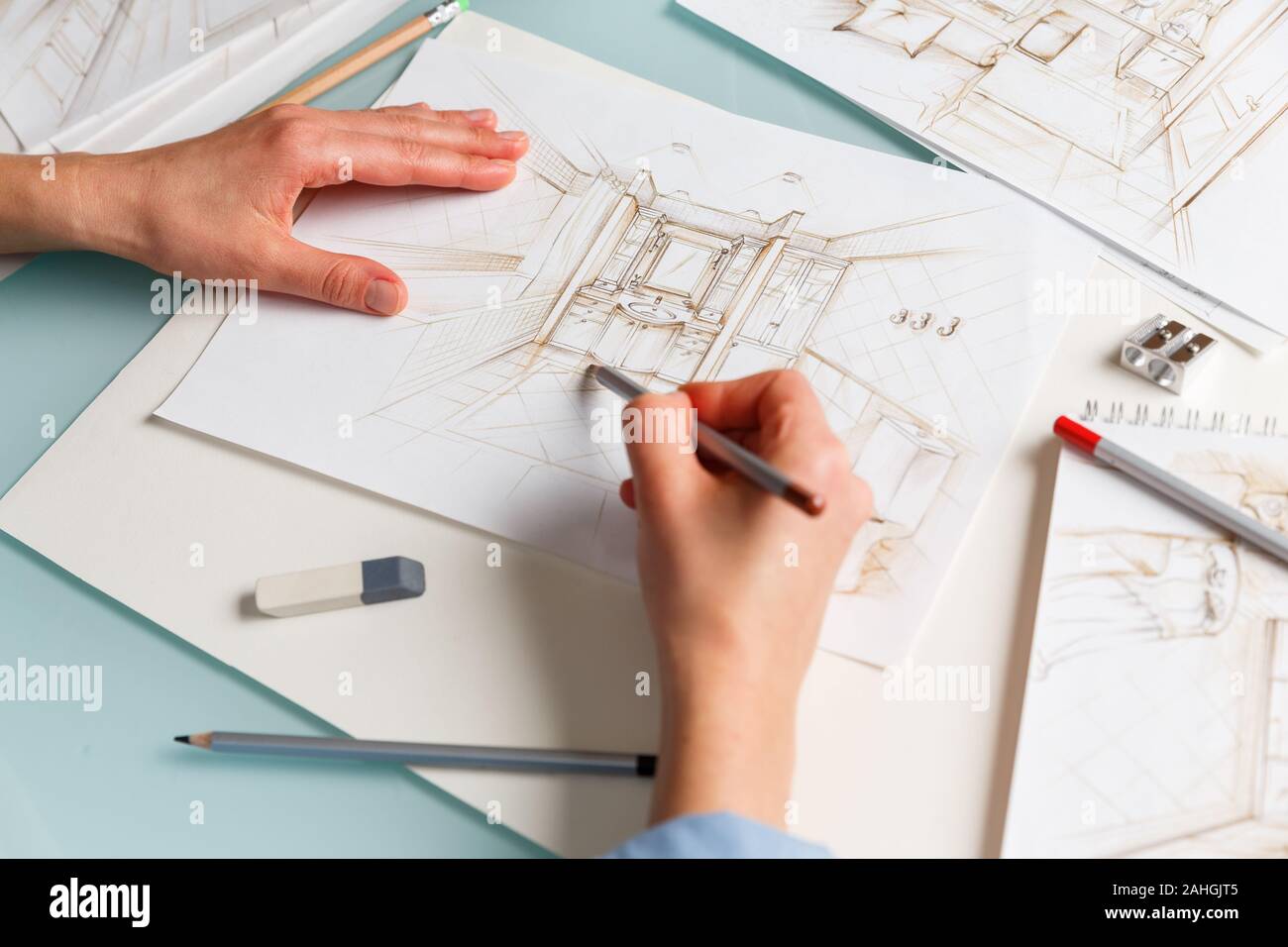 Interior Designer Making Hand Drawing Pencil Sketch Of A