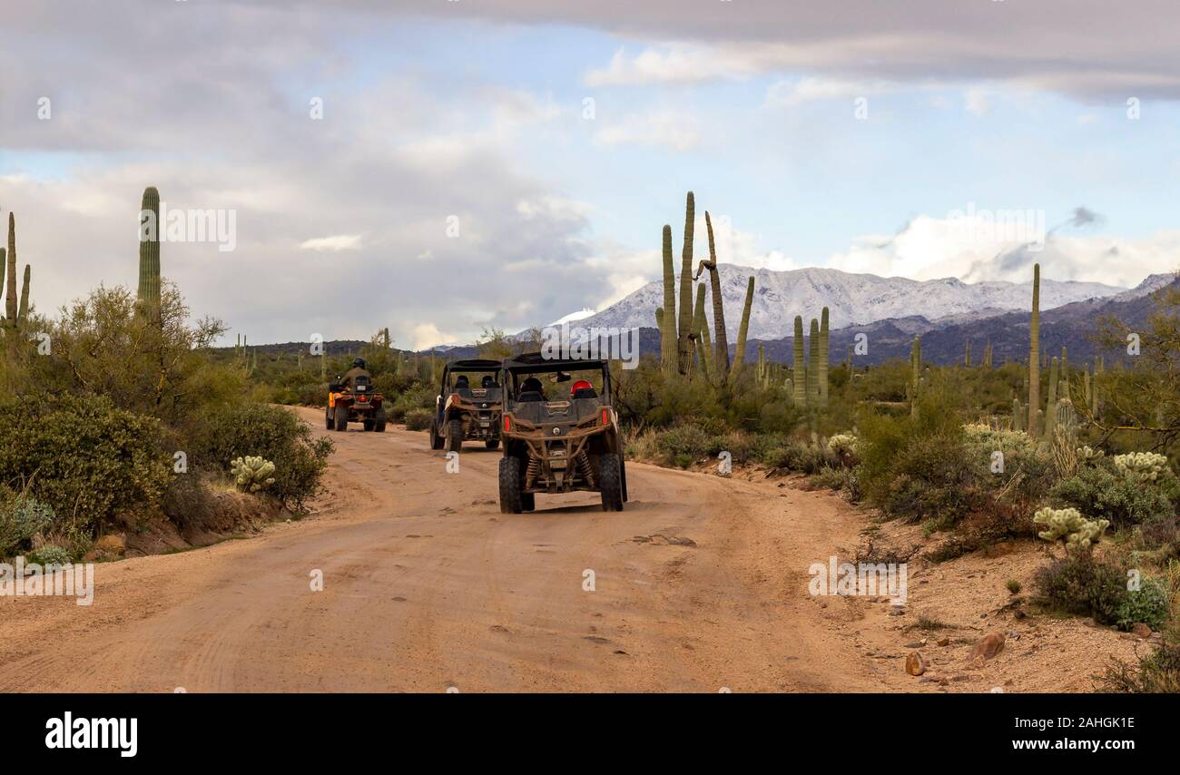Group of ATV Vehicles On a Forest Road in the Four Peaks Wilderness recreation area on Arizona Stock Photo