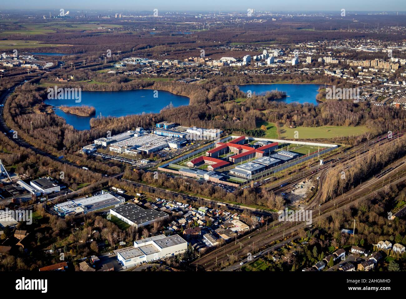 Aerial photo, Düsseldorf Prison, Düsseldorf, Rhineland, North Rhine-Westphalia, Germany, Autobahn A44, view to Ratingen, DE, Europe, distant view, gre Stock Photo