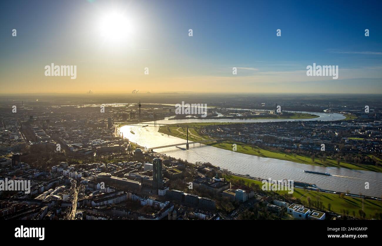 Aerial photo, city view, navigation on the Rhine, river Rhine, Oberkasseler bridge, Rheinkniebrücke, Rhine tower, Düsseldorf, Rhineland, North Rhine-W Stock Photo