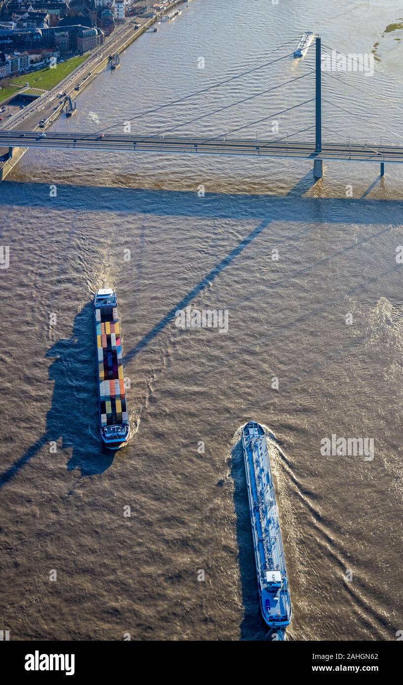 Aerial photo, navigation on the Rhine, river Rhine, Oberkasseler Brücke, Düsseldorf, Rhineland, North Rhine-Westphalia, Germany, inland navigation, br Stock Photo