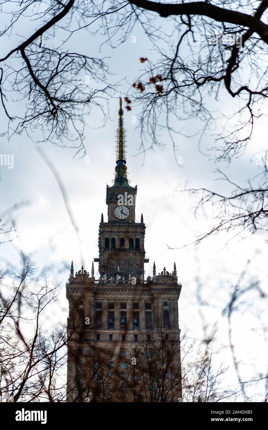 Warsaw Poland. February 18, 2019. Tower of the palace. The Palace of Culture and Science in Warsaw Poland was donated by Stalin in 1955 Stock Photo