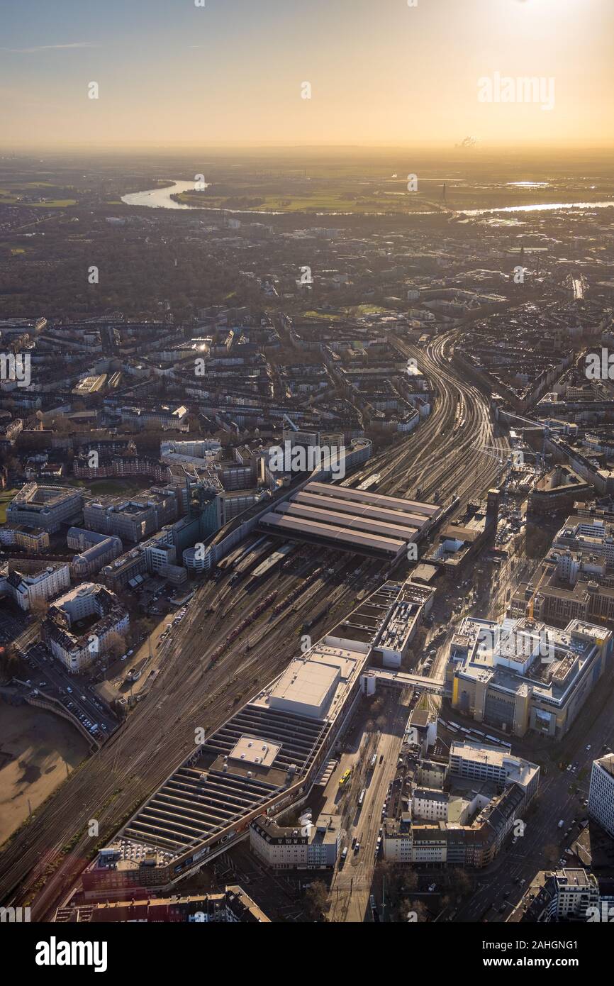 Aerial view, city view and river Rhine with Düsseldorf central station, station forecourt redesign and revitalization, Düsseldorf, Rhineland, North Rh Stock Photo