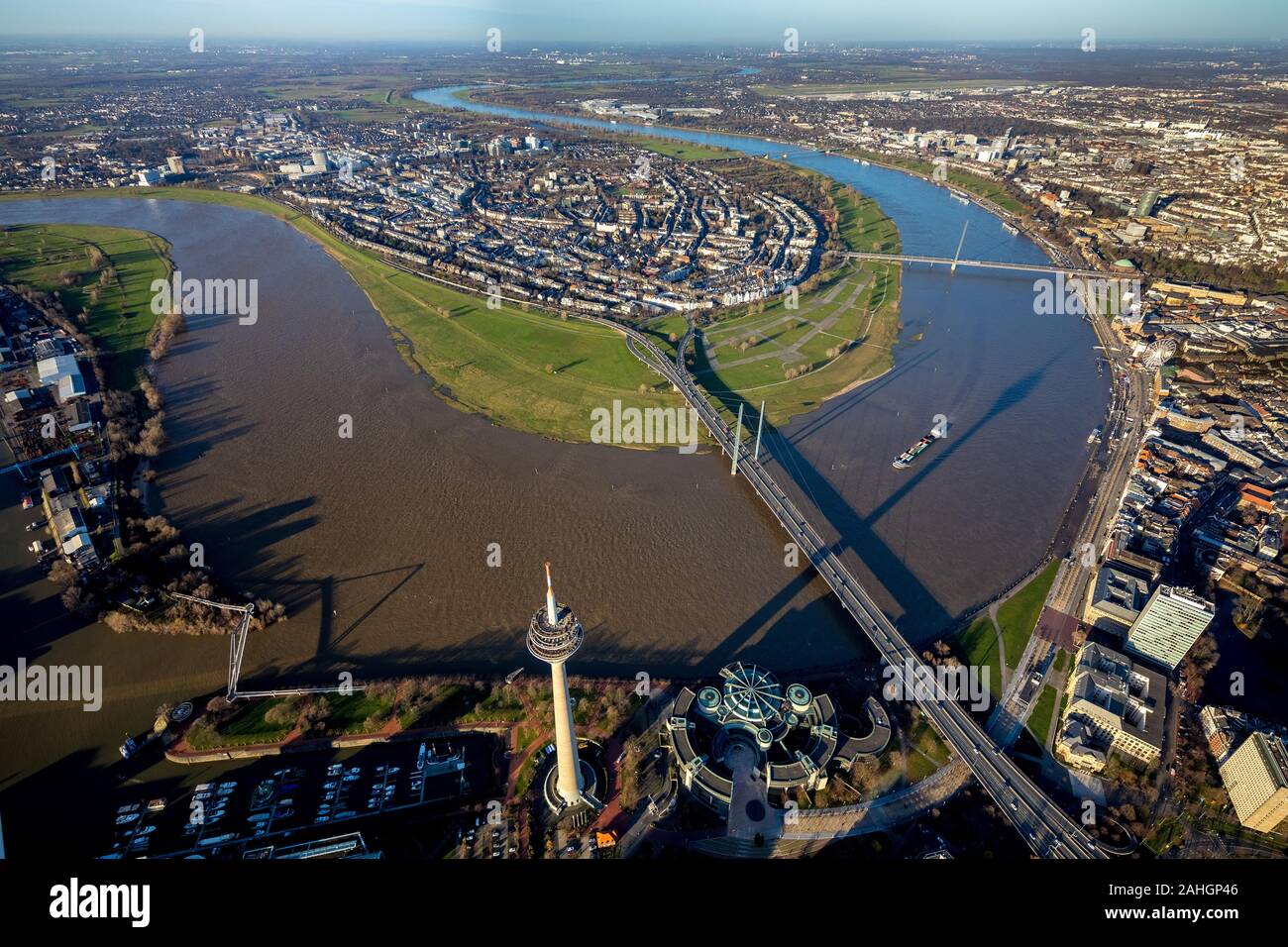 Aerial view, Oberkassel and Düsseldorf, Oberkasseler Brücke, Rheinkniebrücke, Fluss Rhein, Rheinturm, Düsseldorf, Rheinland, Nordrhein-Westfalen, Germ Stock Photo