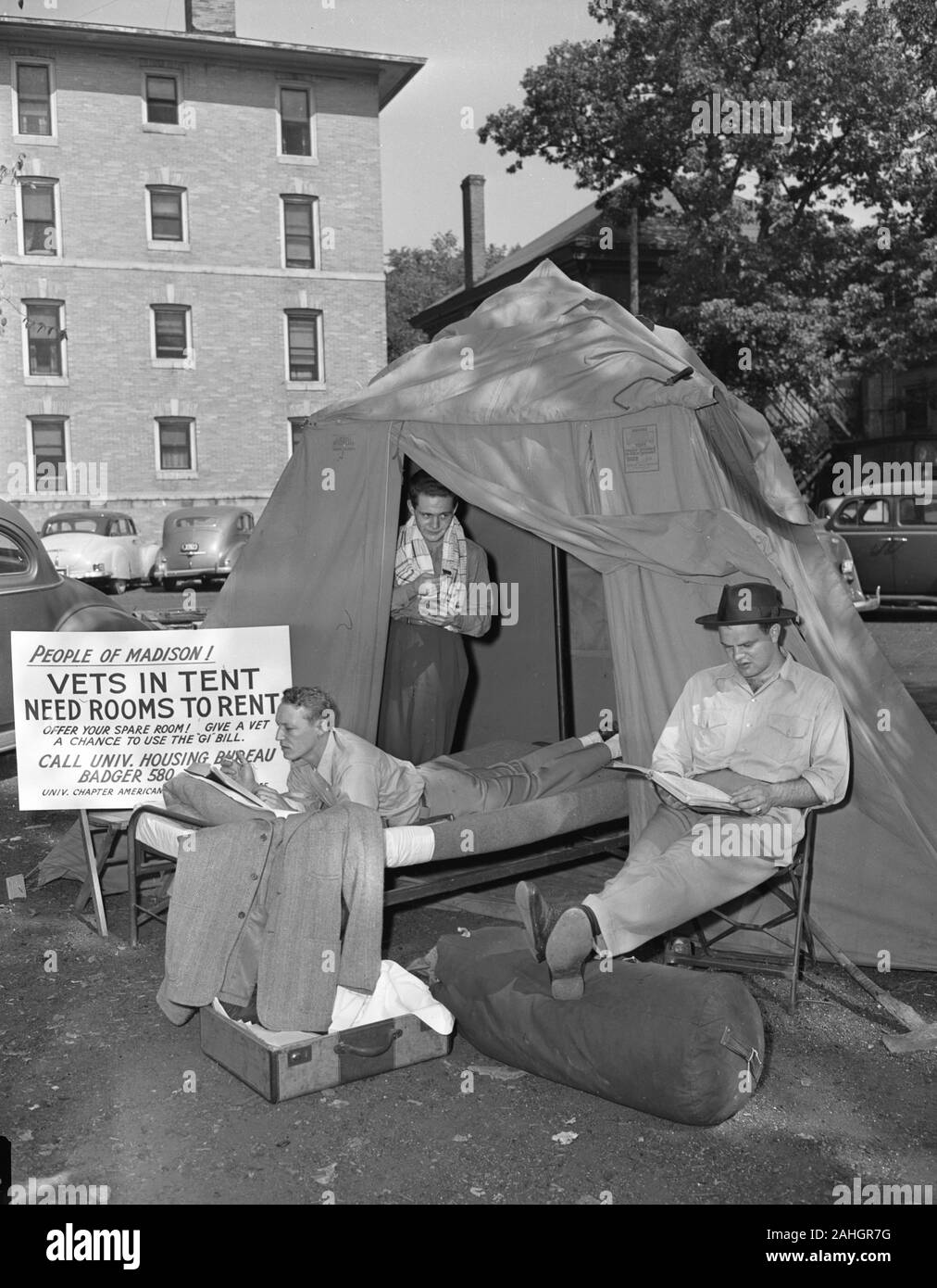 Veterans returning from WWII, without any home to return to. The GI Bill sponsored them to obtain housing. Stock Photo