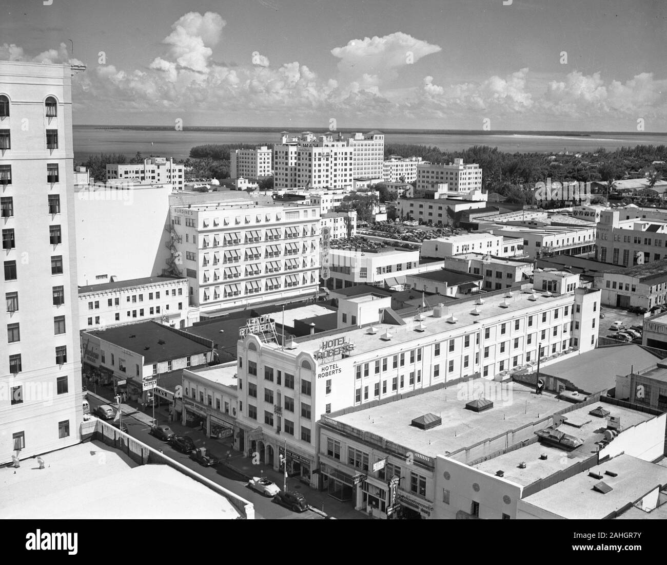 View of the skyline of Miami, 1942. Visible are several buildings such as the Hotel Roberts, the Dallas Park, and Burdine's Stock Photo