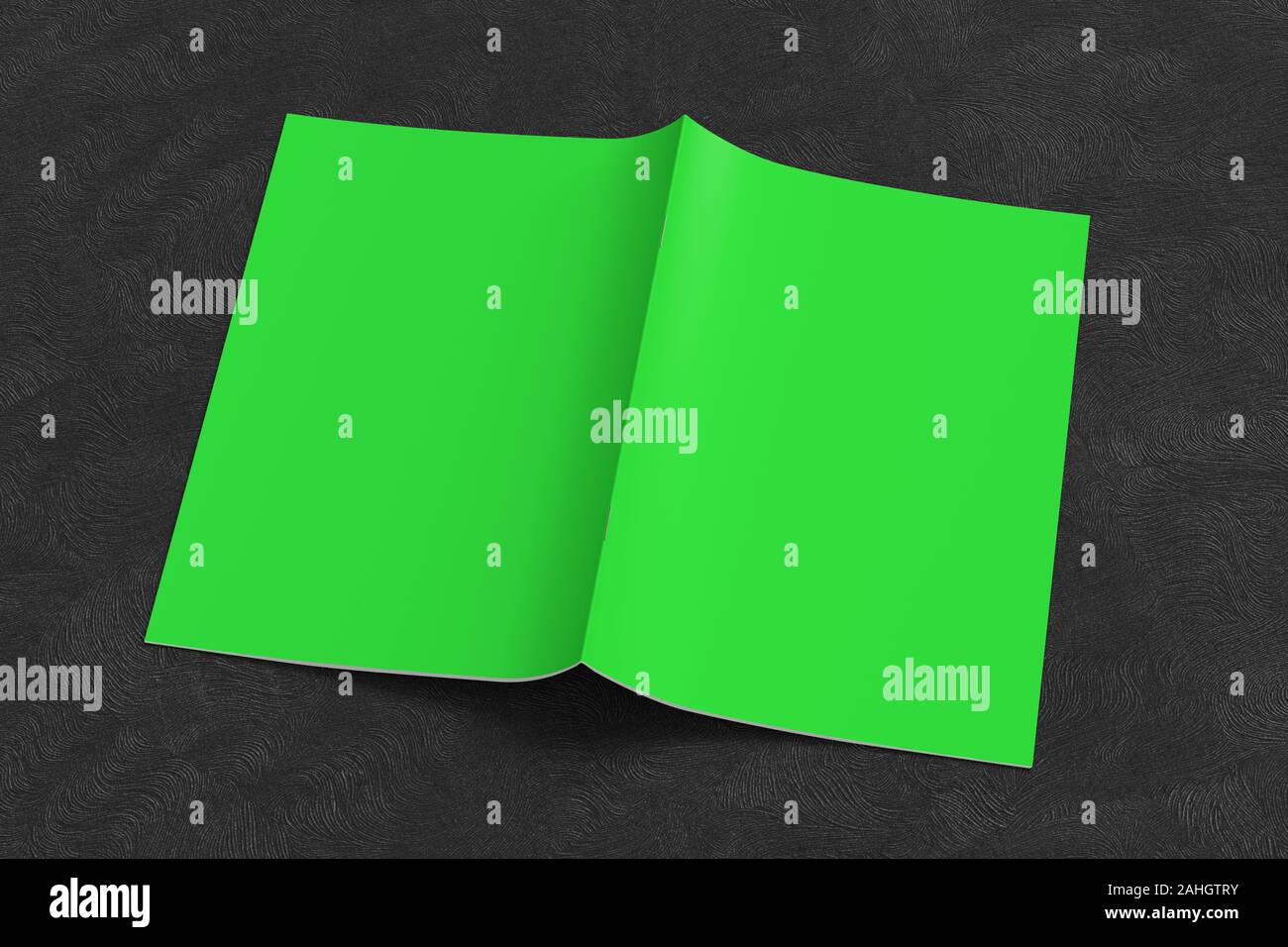 Green brochure or booklet cover mock up on black background. Brochure is open and upside down. Isolated with clipping path around brochure. 3d illustr Stock Photo