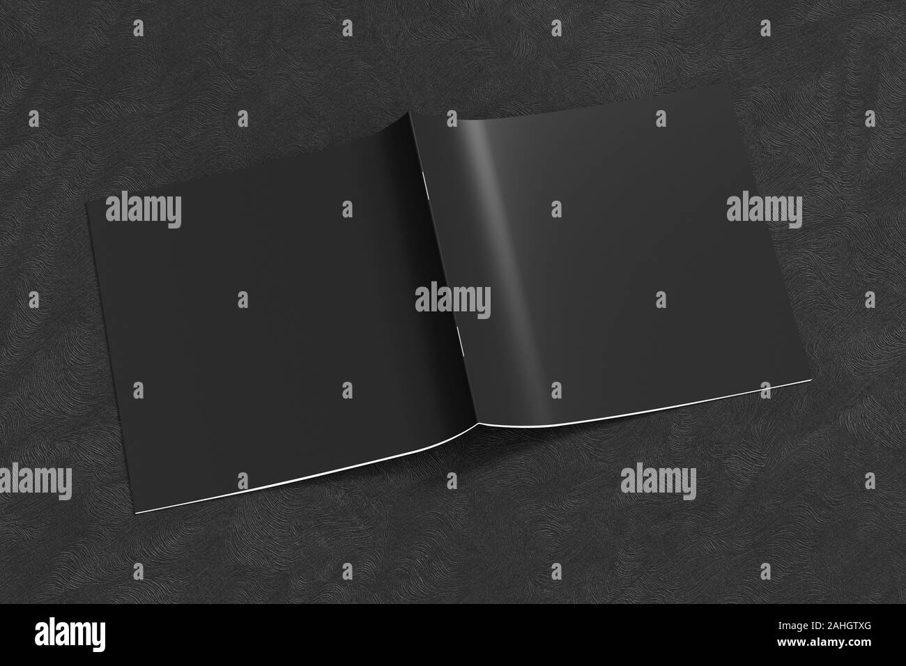 Black square brochure or booklet cover mock up on black background. Brochure is open and upside