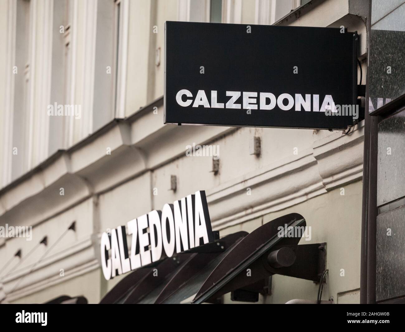 PRAGUE, CZECHIA - NOVEMBER 2, 2019: Logo of Calzedonia on their main shop  in Prague. Calzedonia is an Italian fashion retail brand selling underwear  w Stock Photo - Alamy