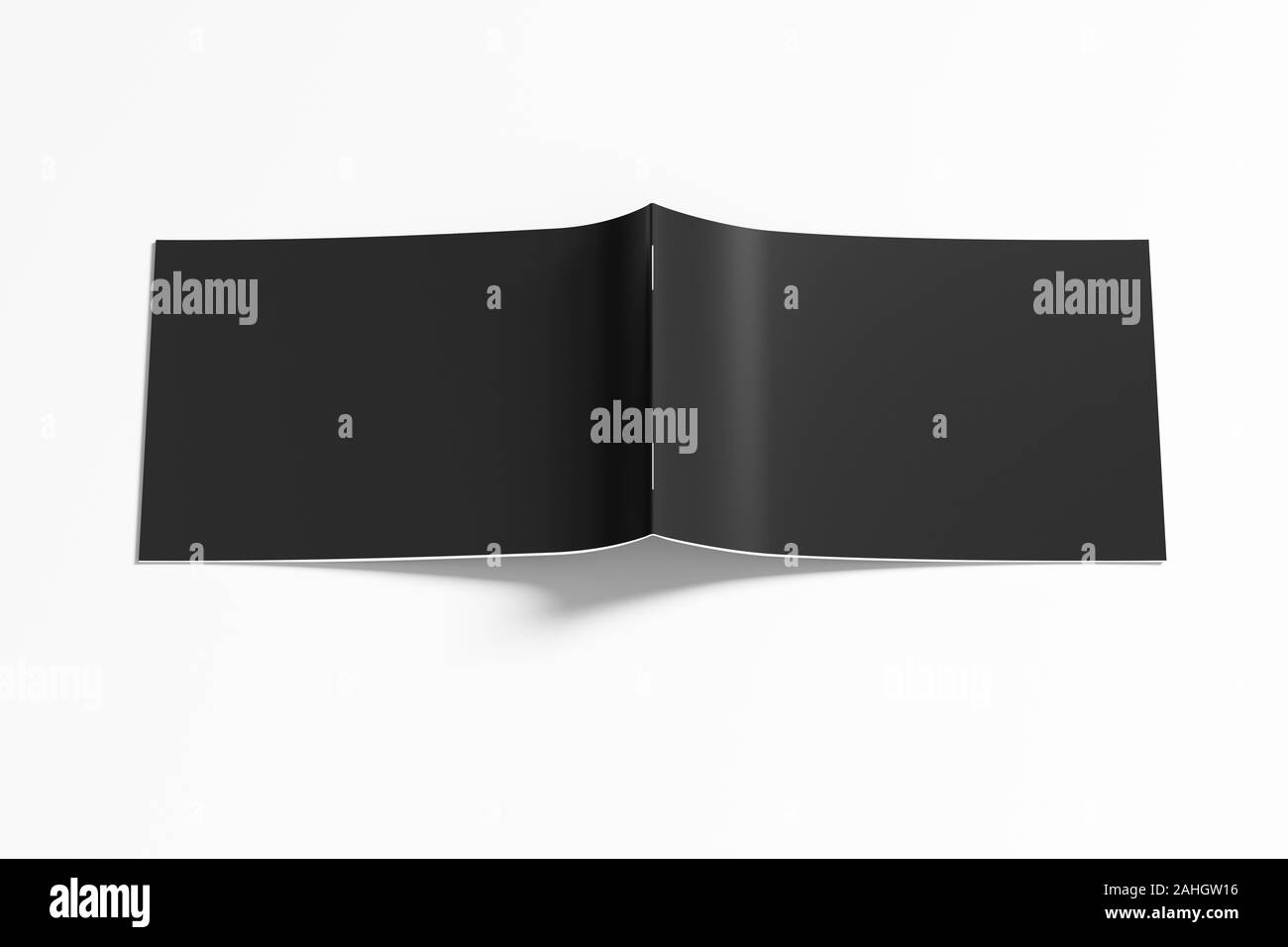 Black horizontal brochure or booklet cover mock up on white. Brochure is open and upside down