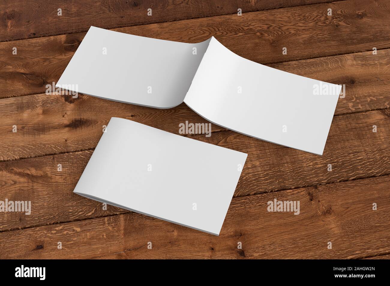 Horizontal brochure or booklet cover mock up on wooden background. Closed one brochure and