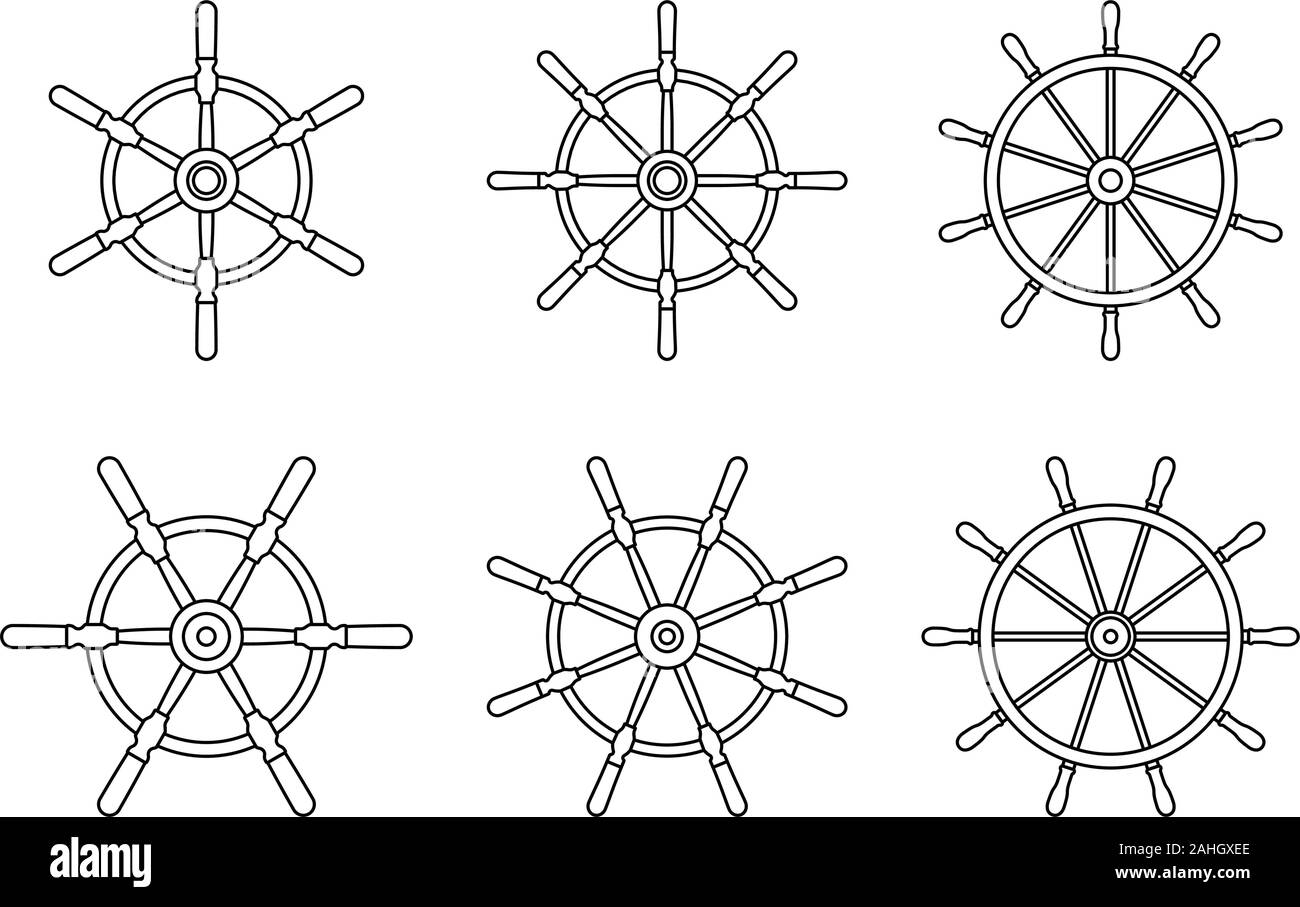 Ship steering wheel with different spokes. Vector thin line Stock Vector