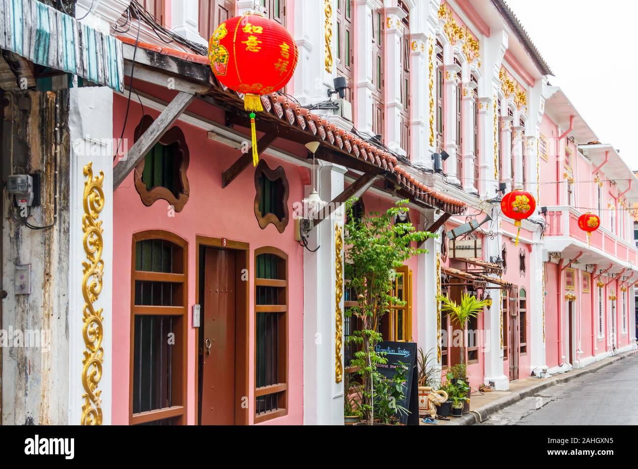 Row of restored sino portuguese style architecture houses in Soi Rommanee. The street was a former red light area. Stock Photo