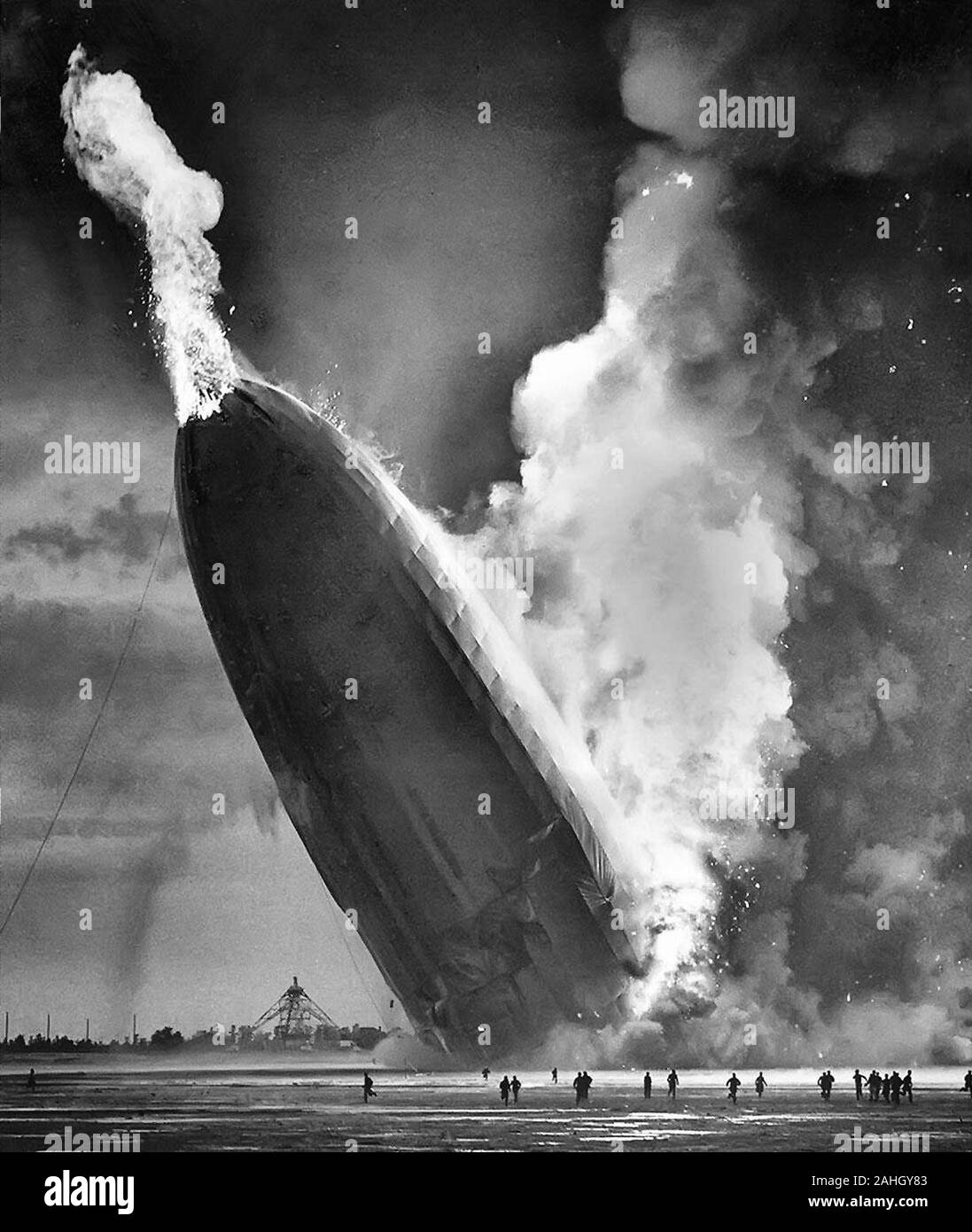 Photo of the crash of the airship Hindenburg in Lakehurst, New Jersey on May 6, 1937. Stock Photo
