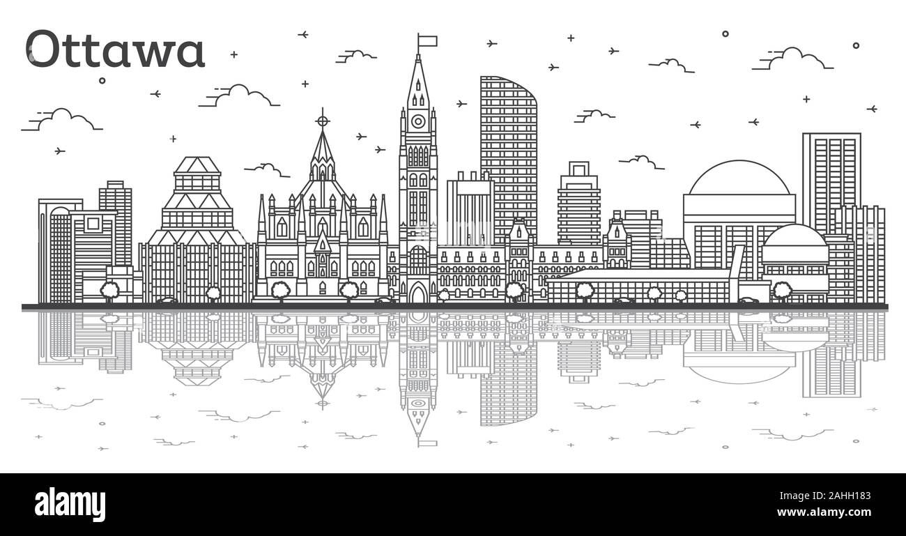 Outline Ottawa Canada City Skyline with Modern Buildings and Reflections Isolated on White. Vector Illustration. Ottawa Cityscape with Landmarks. Stock Vector