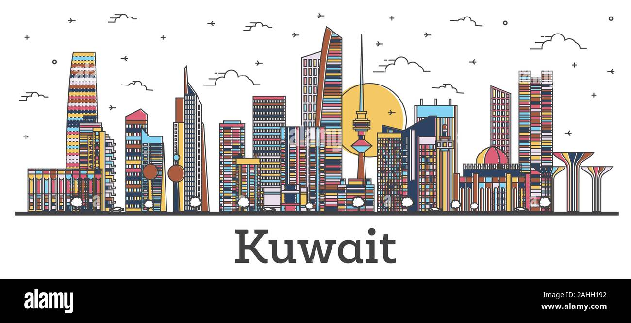 Outline Kuwait City Skyline with Color Buildings Isolated on White