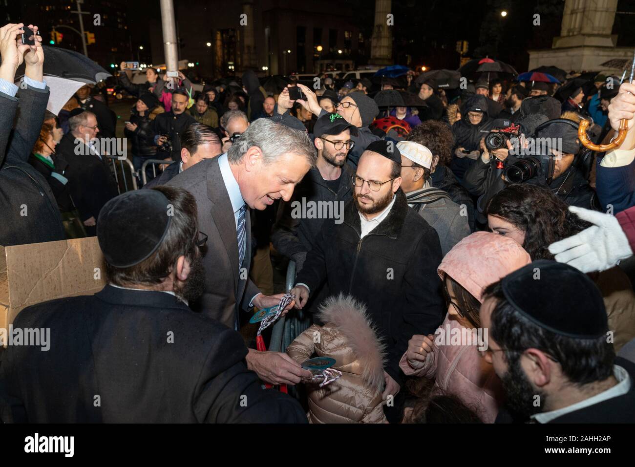 New York, NY December 29, 2019 Mayor Bill de Blasio greets Jewish people during largest