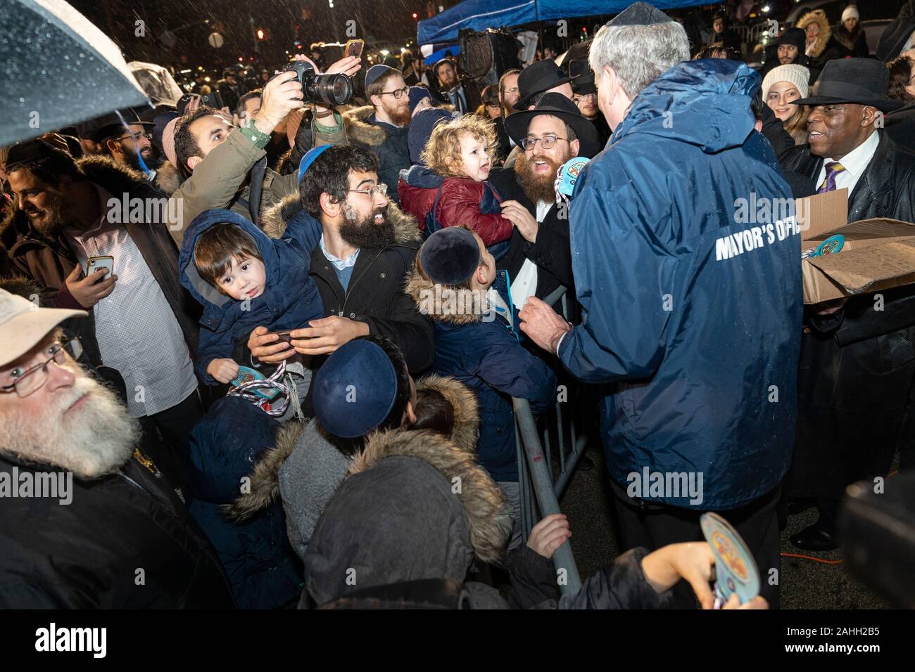 New York, NY December 29, 2019 Mayor Bill de Blasio greets Jewish people during largest