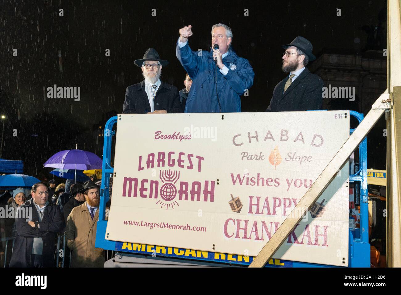 New York, NY December 29, 2019 Mayor Bill de Blasio speaks during largest menorah lighting