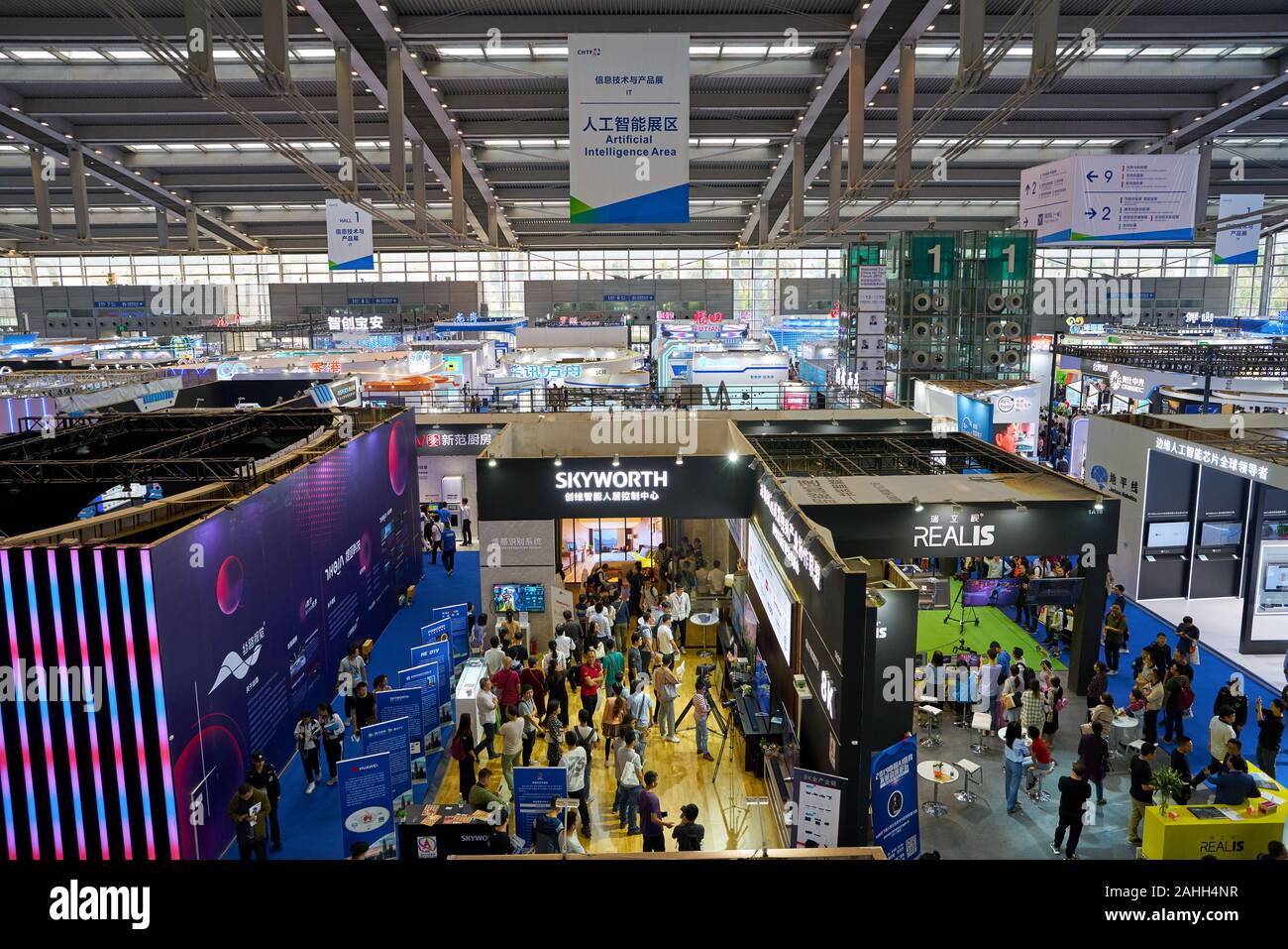 SHENZHEN, CHINA - CIRCA NOVEMBER, 2019: top view of exhibition stands ...