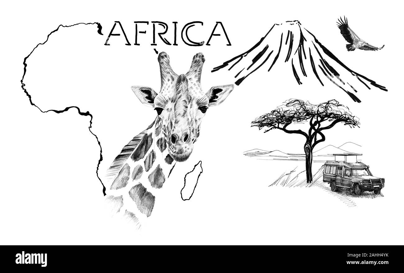 Giraffe portrait on Africa map background with Kilimanjaro mountain, vulture and car. Collection of hand drawn illustrations (originals, no tracing) Stock Photo