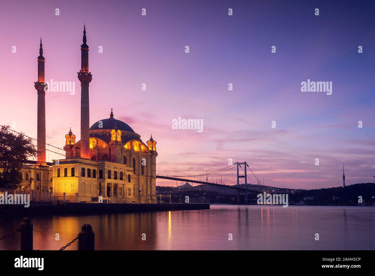 Sunrise view Ortakoy Mosque and Bosphorus Bridge, Best touristic Place of Istanbul. Stock Photo