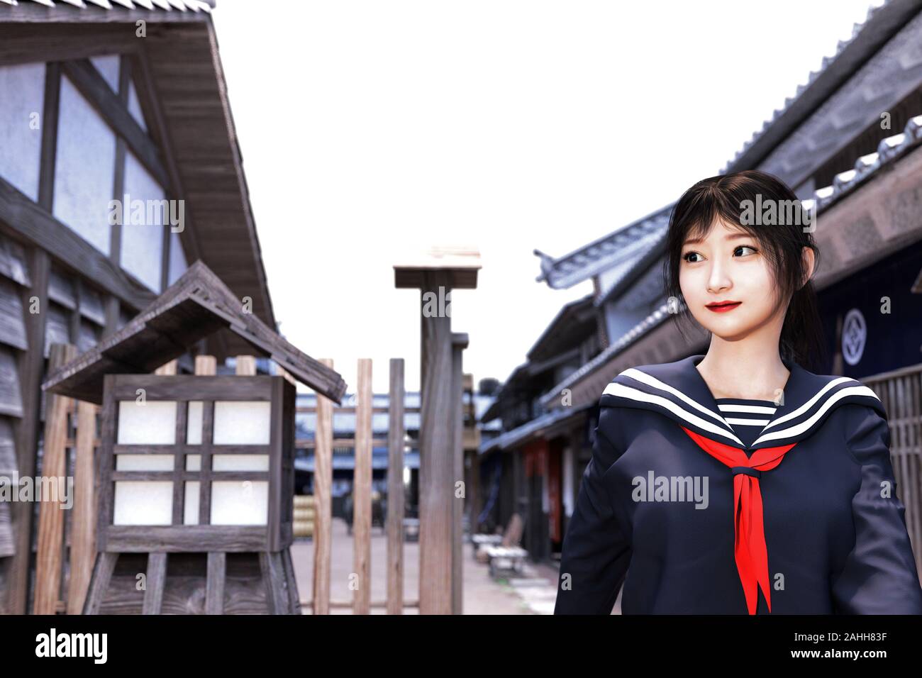 Portrait of a cute japanese girl in traditional sailor uniform on