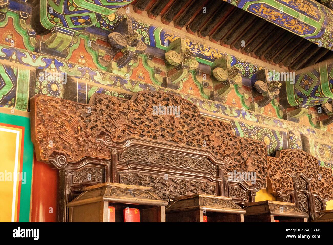 detail of painted wooden exterior, The  Imperial Vault of Heaven, The Temple of Heaven, Beijing, China Stock Photo