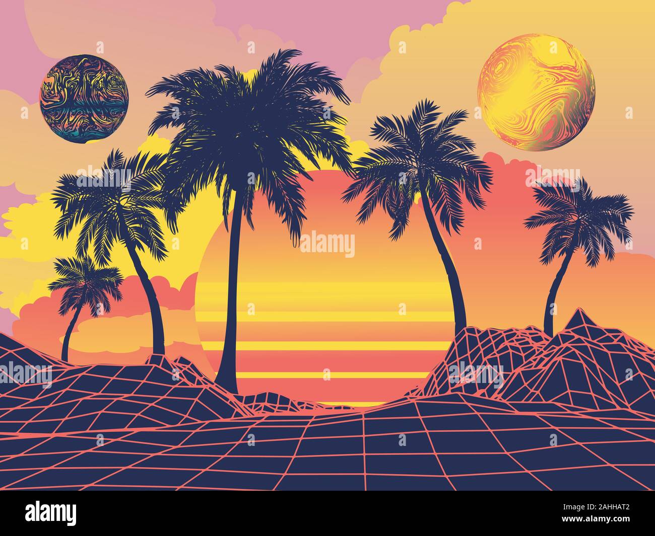 Palm trees on tropical island landscape, sunrise or sunset background ...
