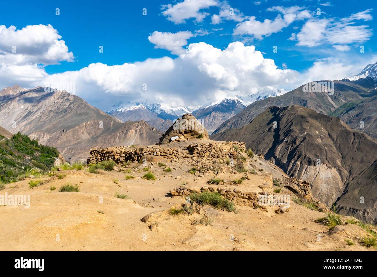 Karimabad Eagle's Nest Picturesque Panoramic View of the Snow Capped Mountains and Landscape on a Sunny Blue Sky Day Stock Photo
