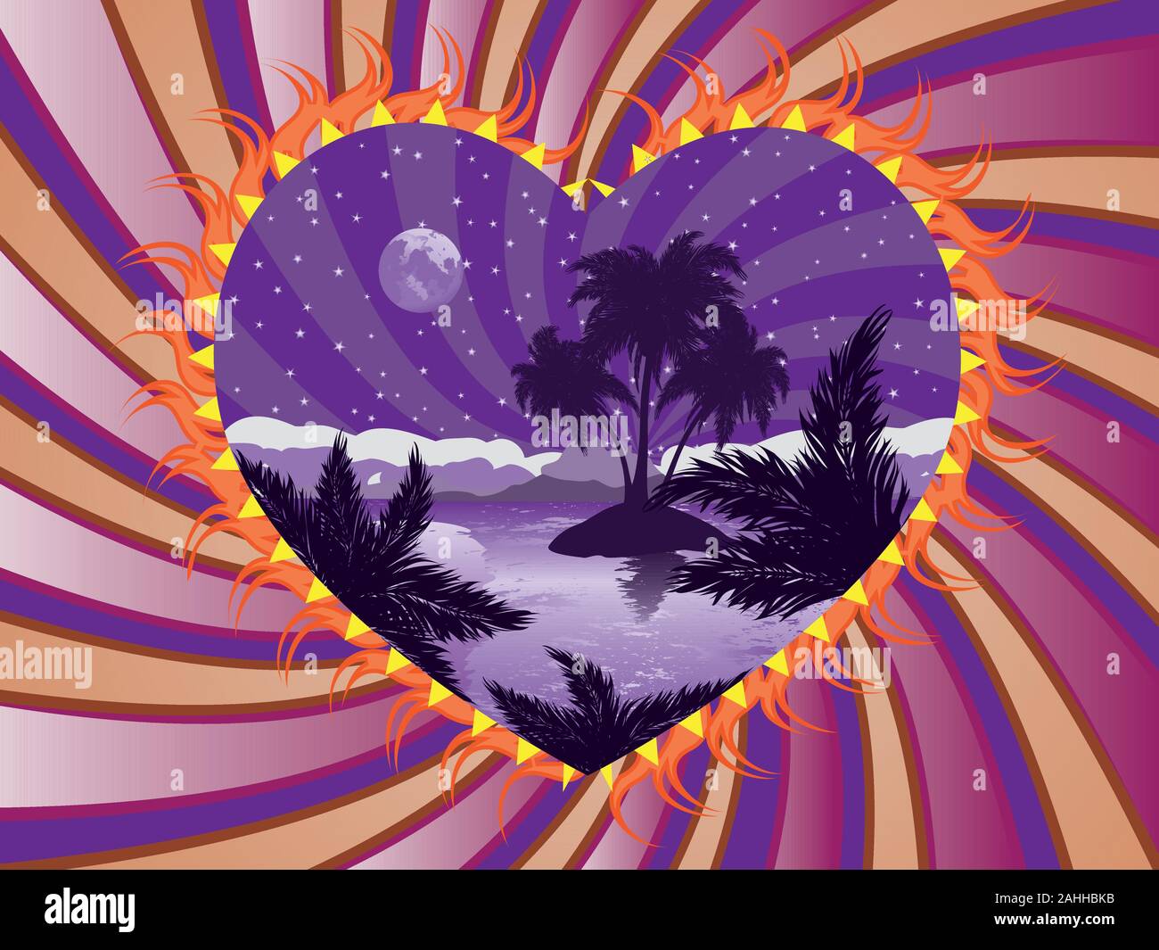 Romantic background with tropical island at night in a heart frame. Stock Vector