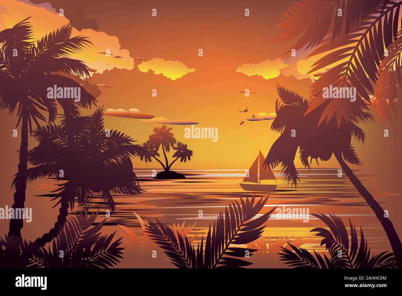Sunset tropical sea landscape, boat and palm island silhouette Stock ...