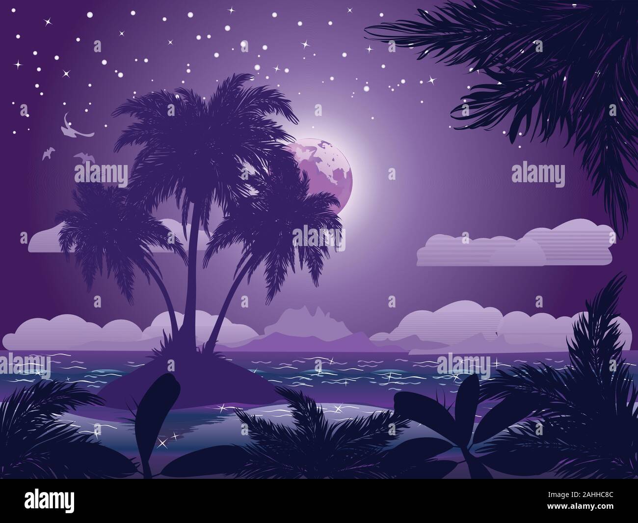 A tropical island at night under starry sky background. Stock Vector