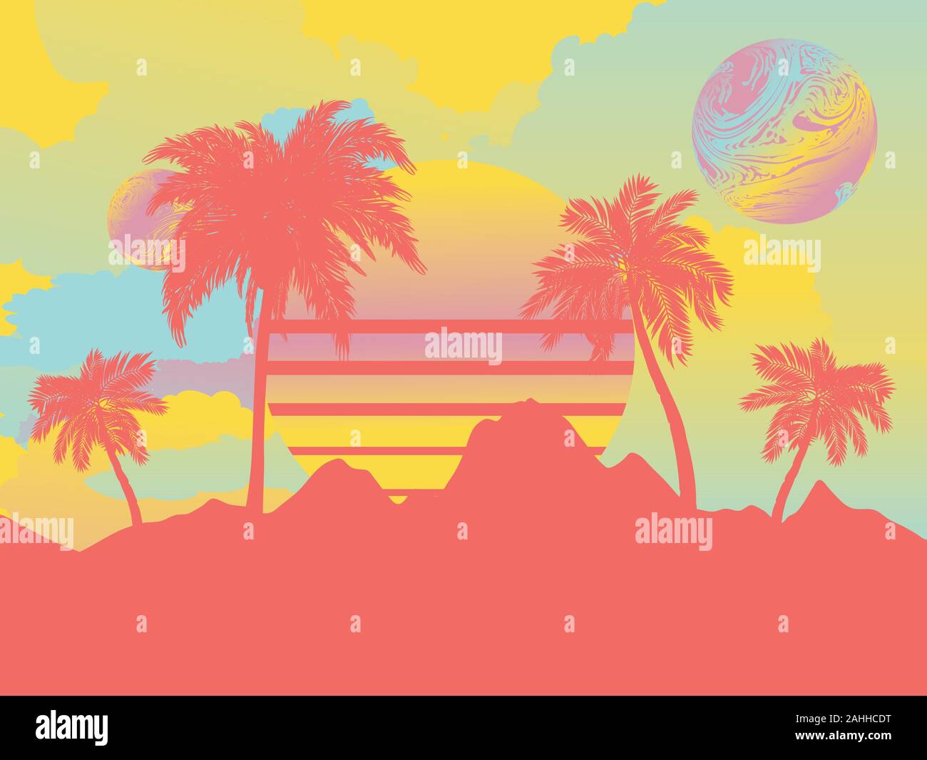 Palm trees on tropical island landscape, sunrise or sunset background ...