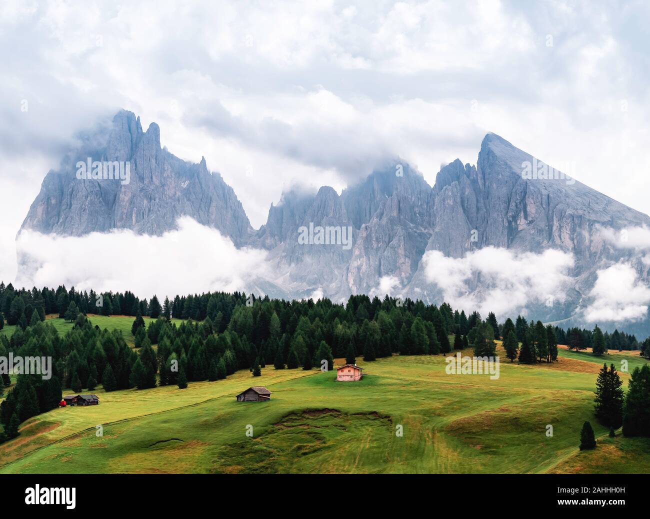 Some photos of the beautiful Seiser Alm, Sudtirol, a place famous for holidays, with its meadows, flower peaks, and topical chalets. Stock Photo