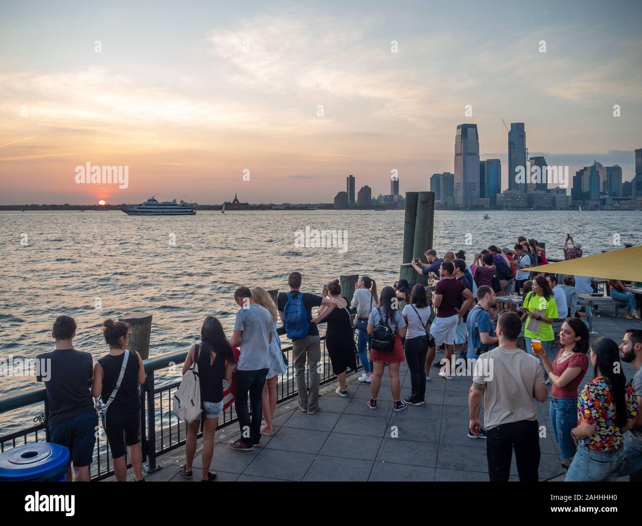 New York City, Manhattan, United States of America [ Pier A Harbor House - Battery Park Slip 6, restaurant and bar, beer view on New Jersey ] Stock Photo