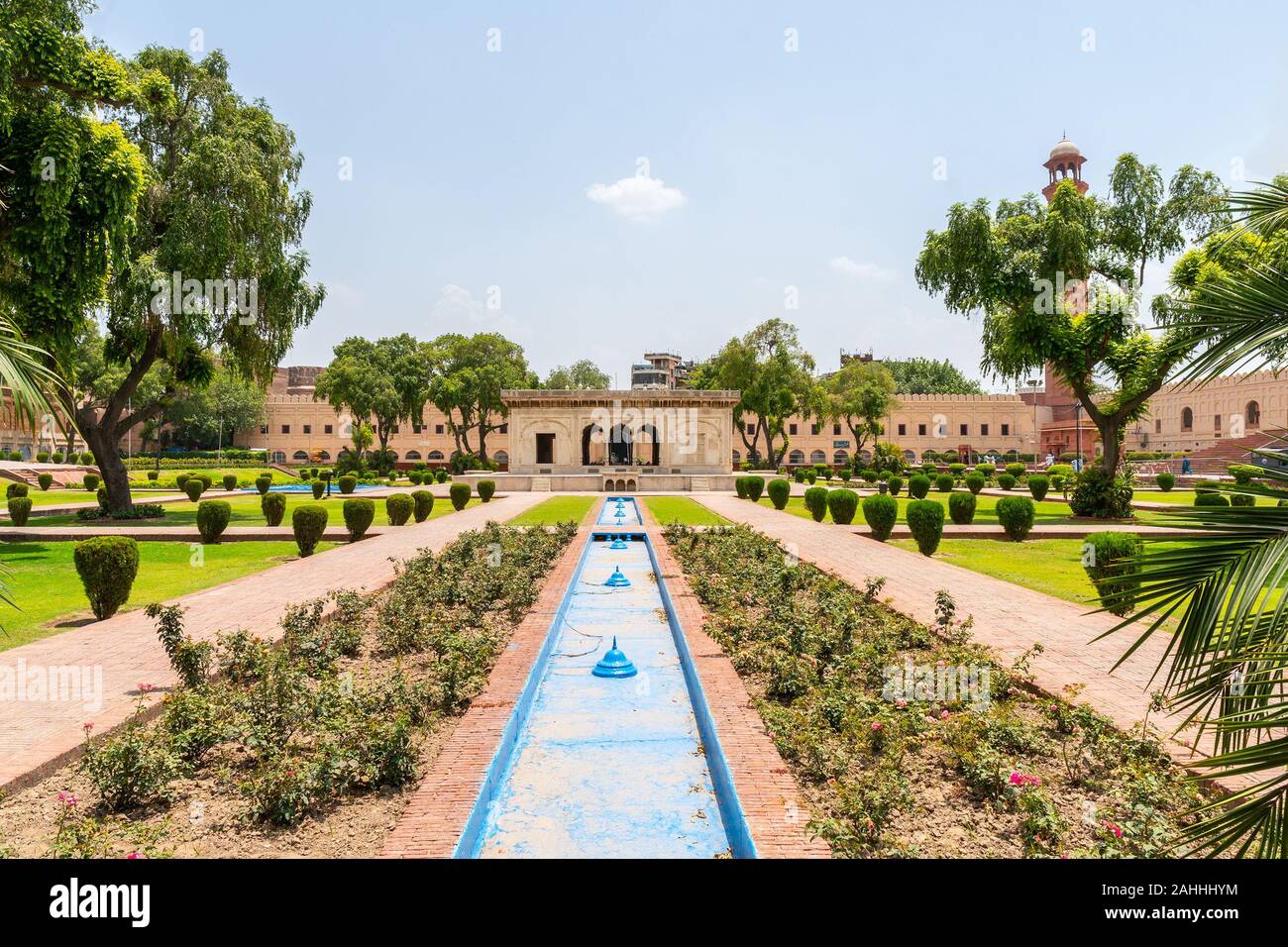 Lahore Fort Picturesque Breathtaking View of Hazuri Bagh Park at Alamgiri Gate on a Sunny Blue Sky Day Stock Photo