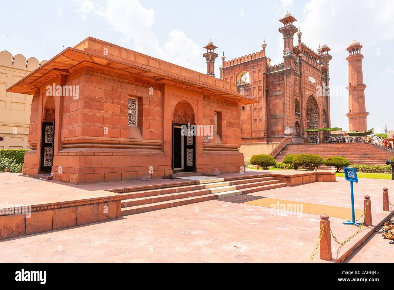 Lahore Badshahi Mosque Picturesque View of Allama Iqbal Mausoleum on a Sunny Blue Sky Day Stock Photo